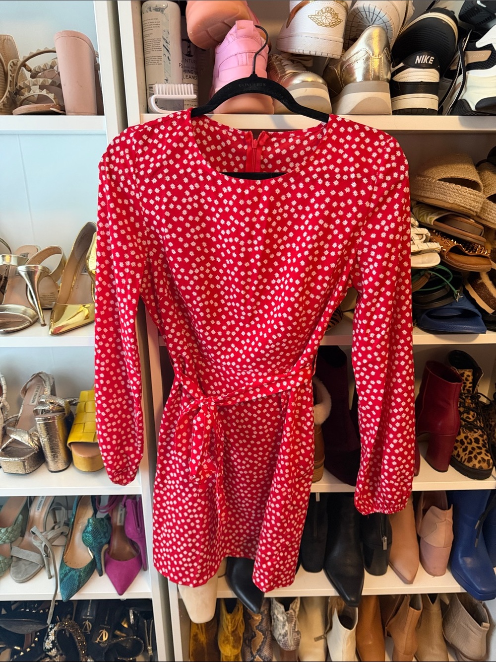 Women’s Red Floral Long-Sleeve Tie-Waist Dress